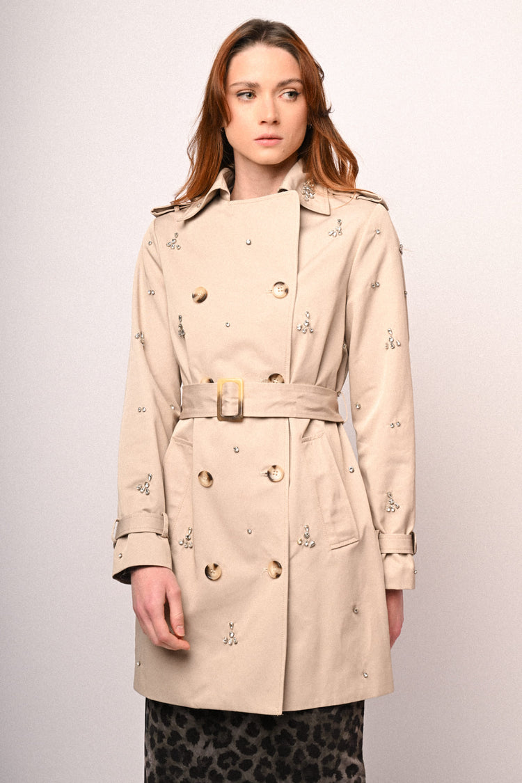 Rhinestone double-breasted trench coat