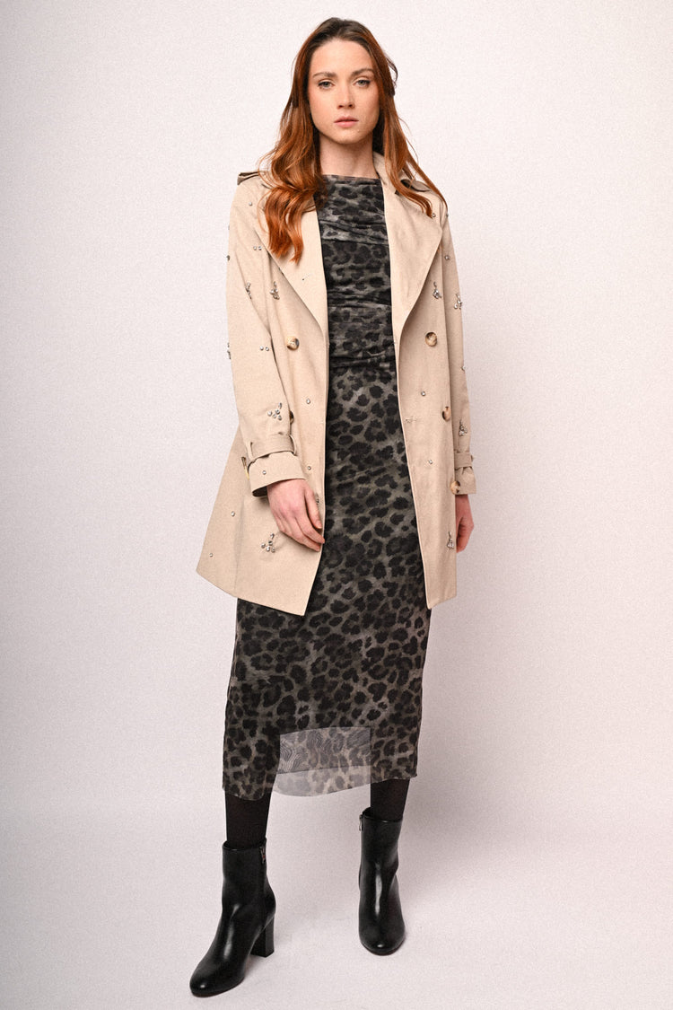 Rhinestone double-breasted trench coat