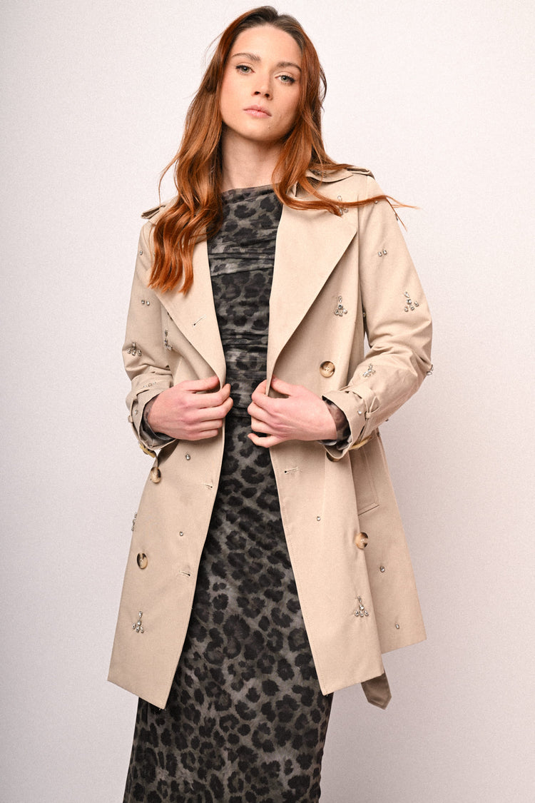 Rhinestone double-breasted trench coat
