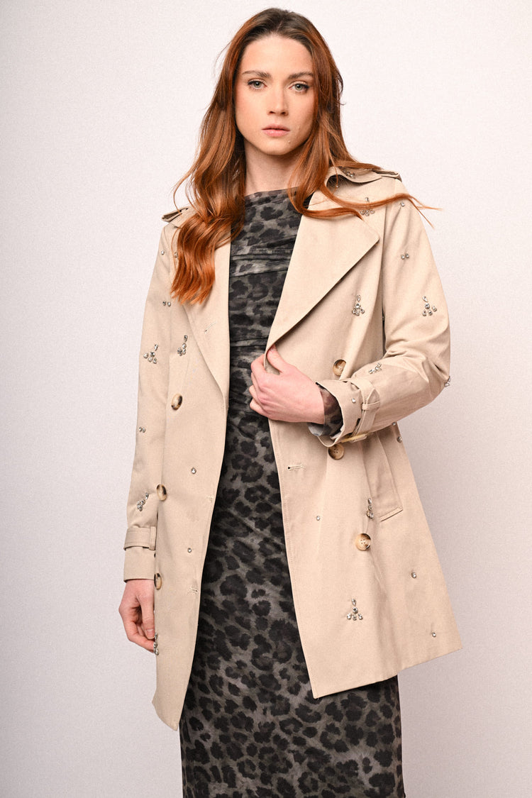 Rhinestone double-breasted trench coat