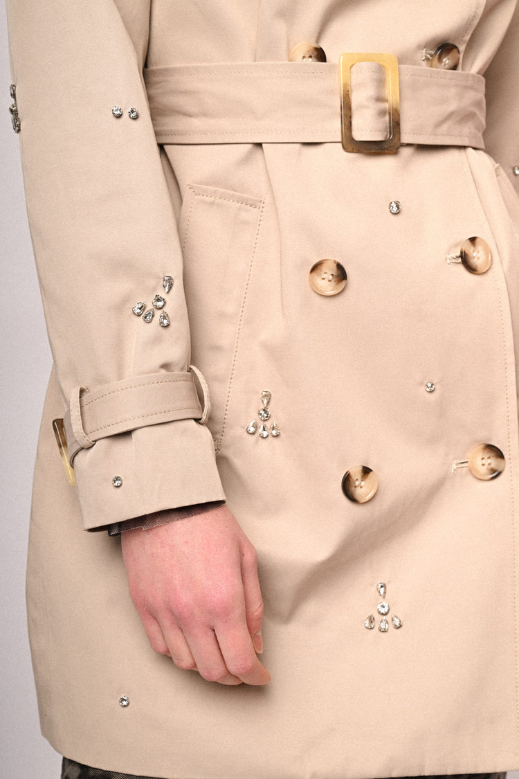 Rhinestone double-breasted trench coat