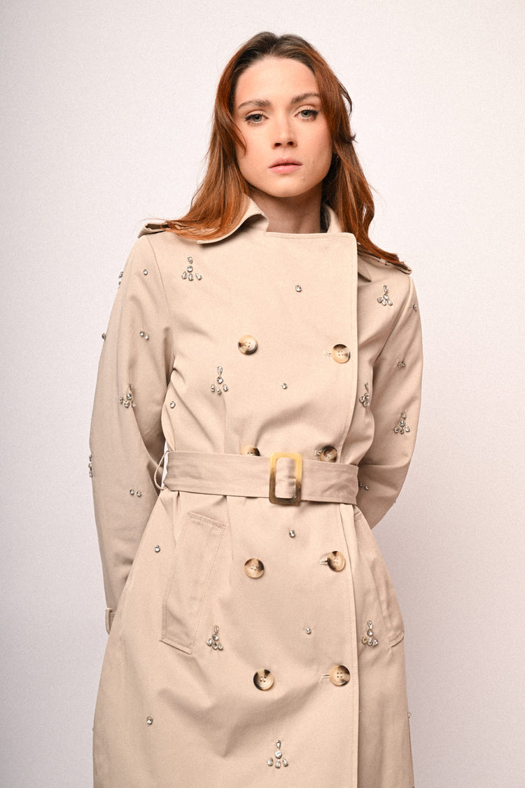 Rhinestone double-breasted trench coat