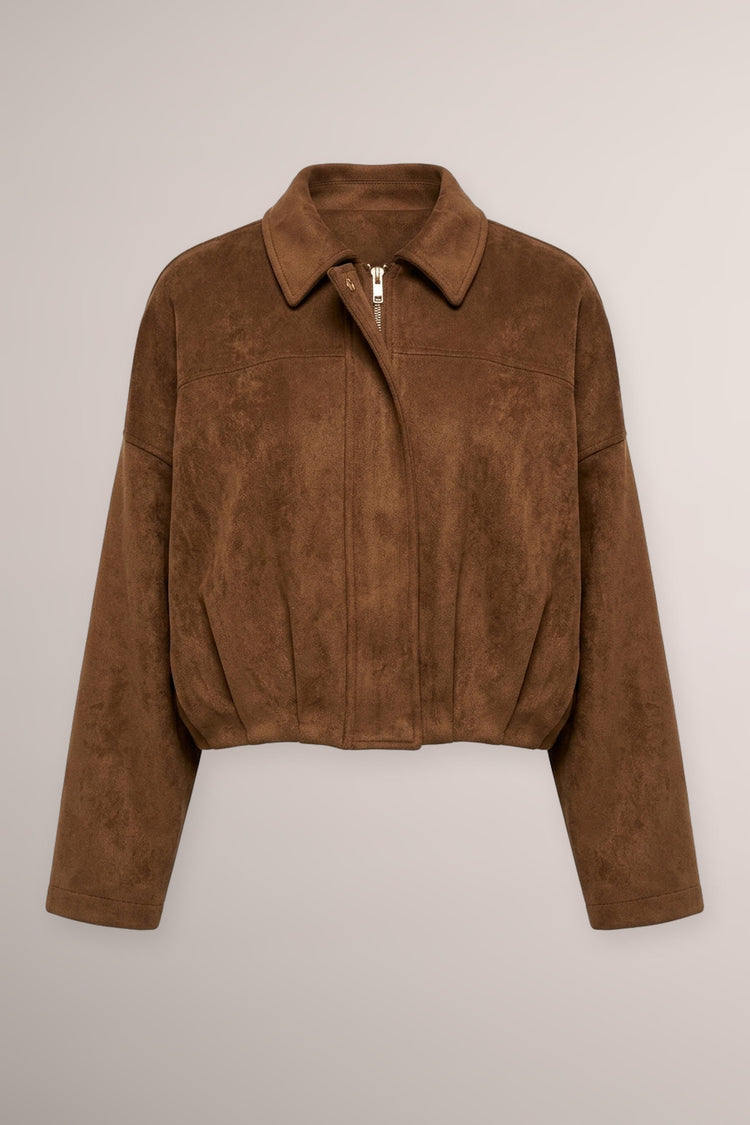 Chocolate faux suede oversized bomber jacket