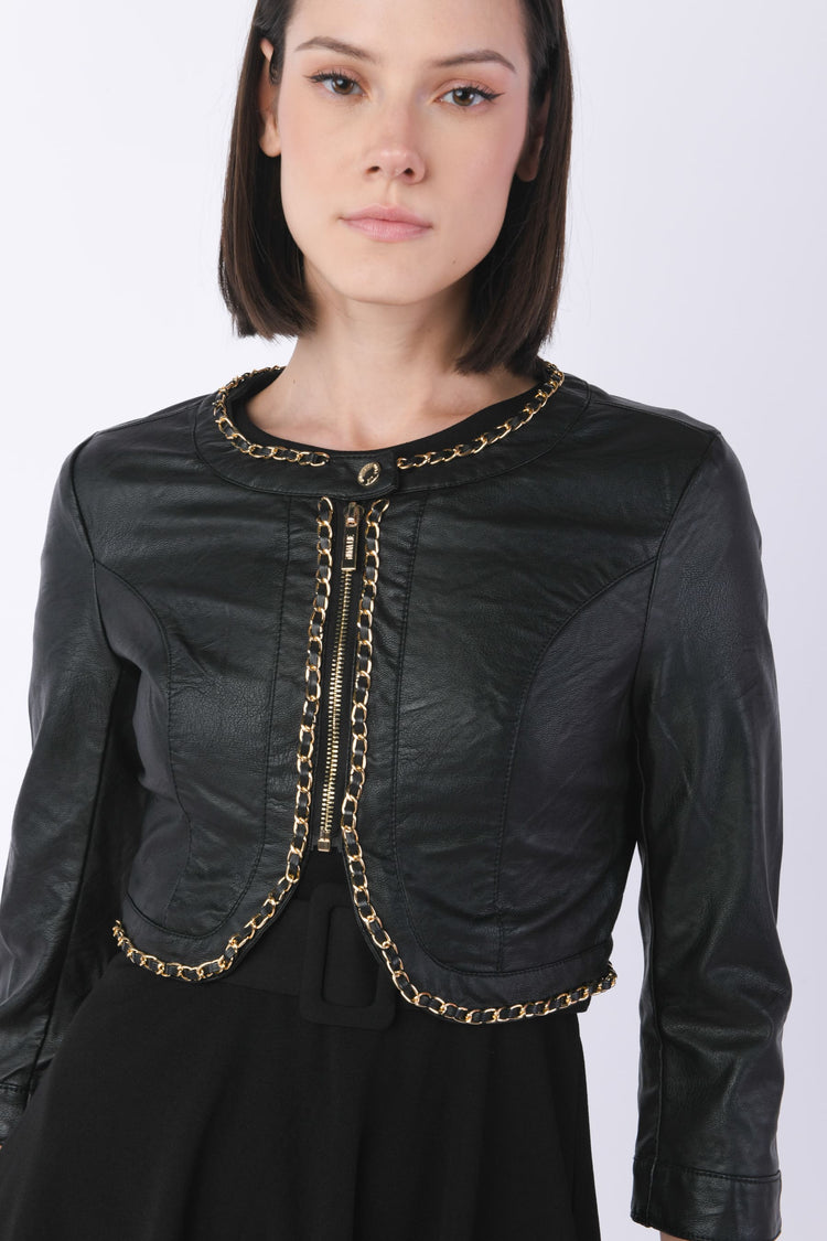 Chain-trimmed faux leather jacket