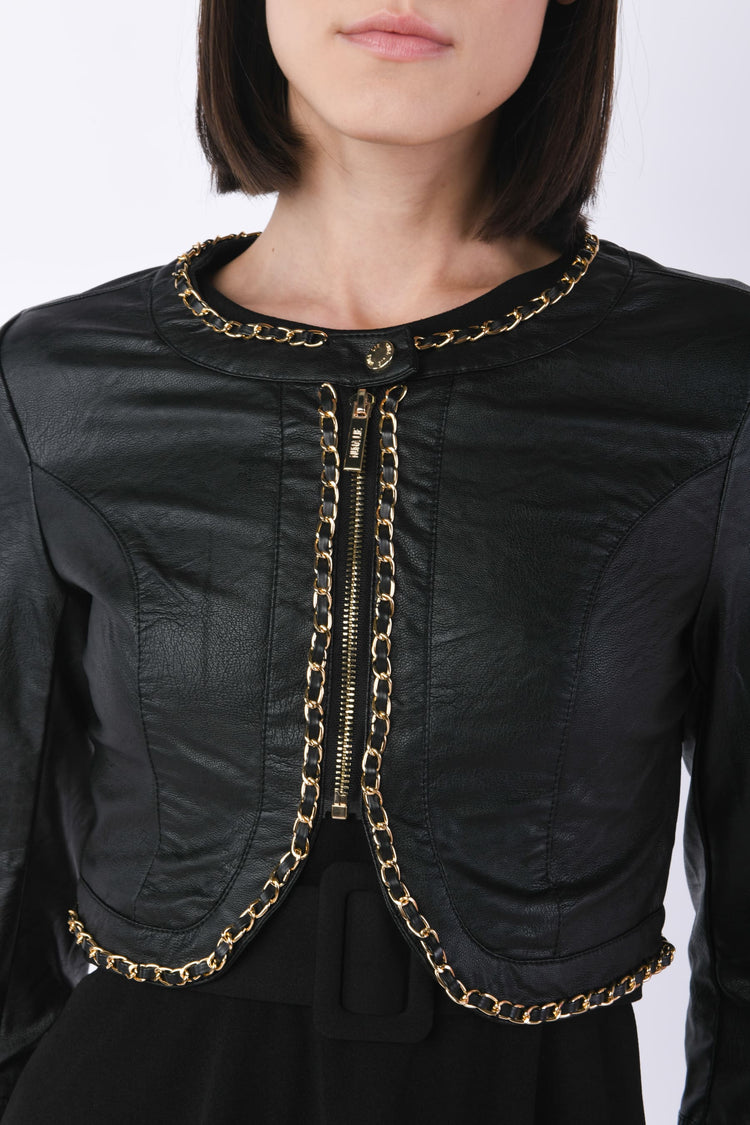 Chain-trimmed faux leather jacket