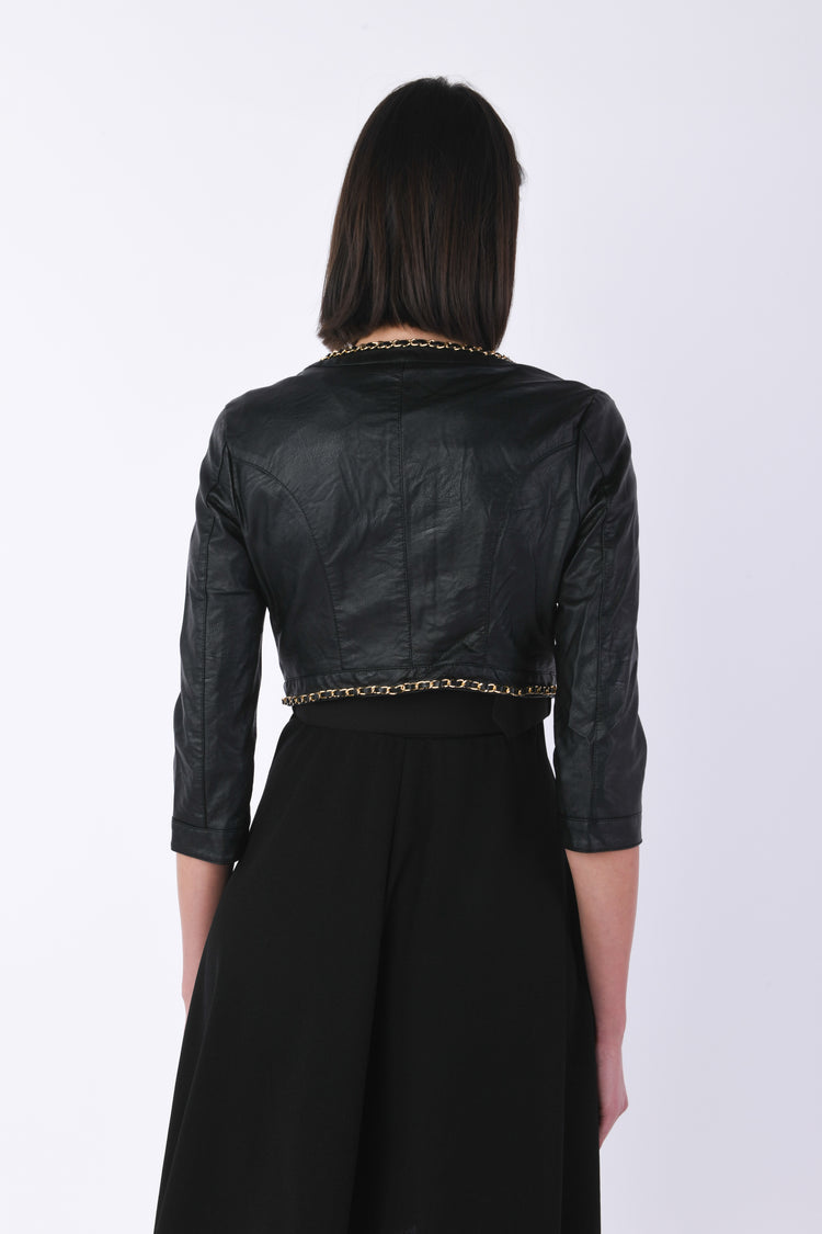 Chain-trimmed faux leather jacket