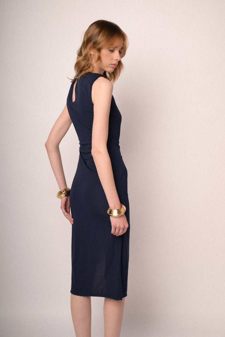 Navy blue knot asymmetric sheath dress
