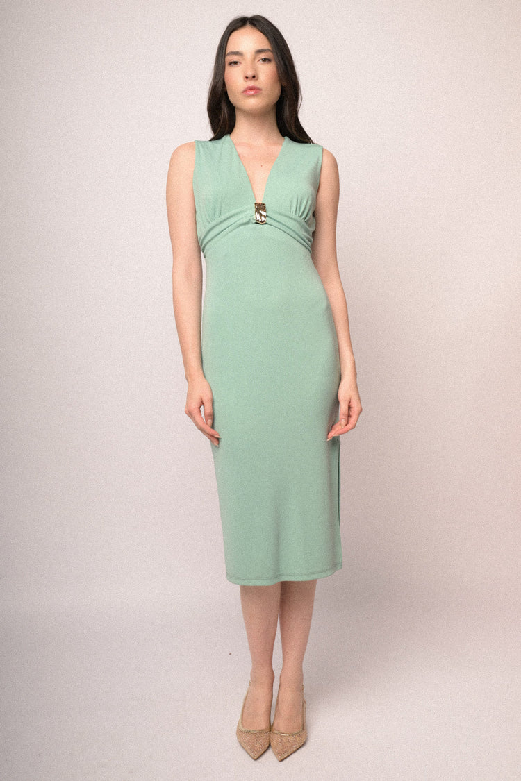 Jewel-detail aqua green sheath dress