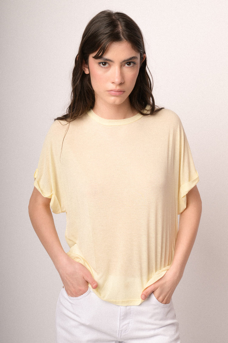 Butter yellow viscose and wool blend oversized t-shirt