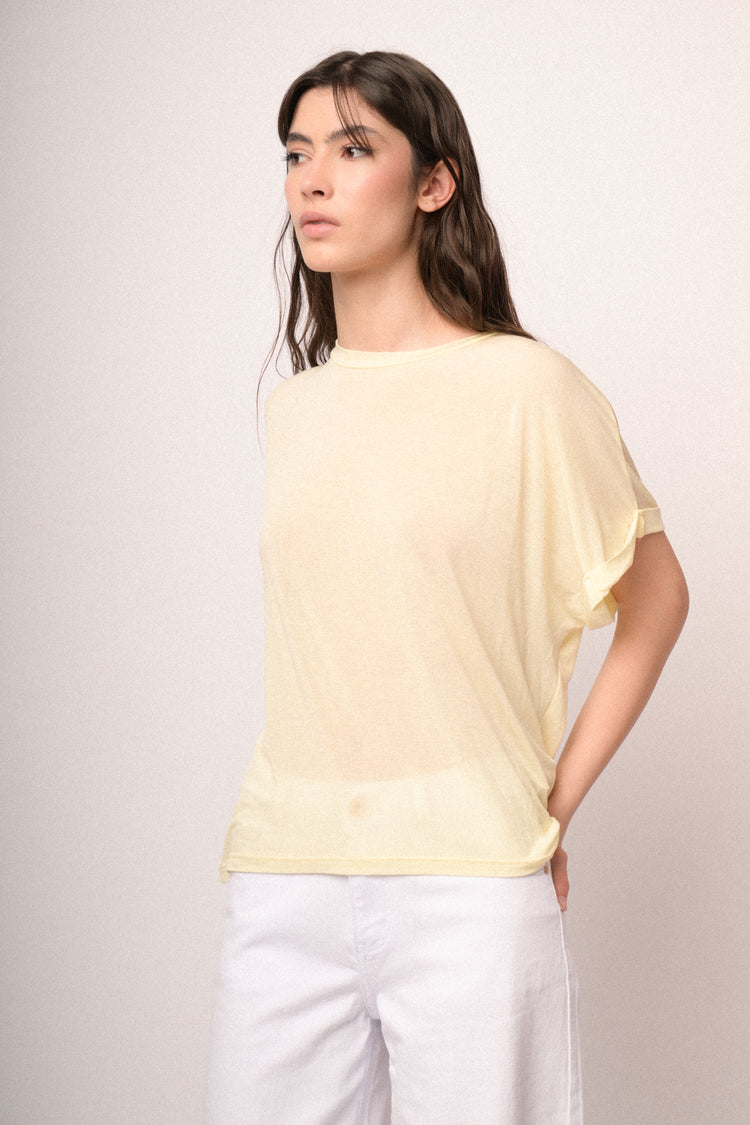 Butter yellow viscose and wool blend oversized t-shirt