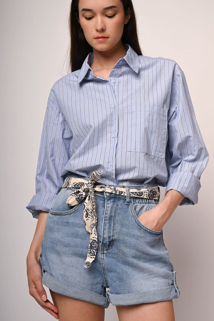 Scarf-belt denim shorts