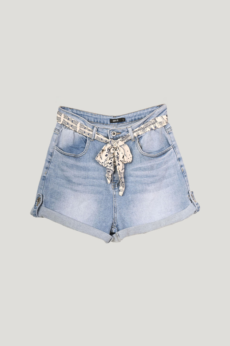 Scarf-belt denim shorts