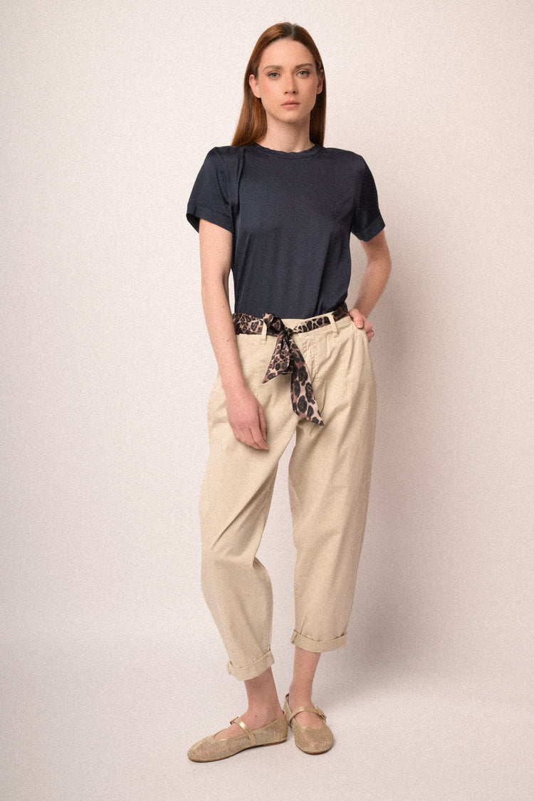 Scarf-belt beige cotton baggy trousers