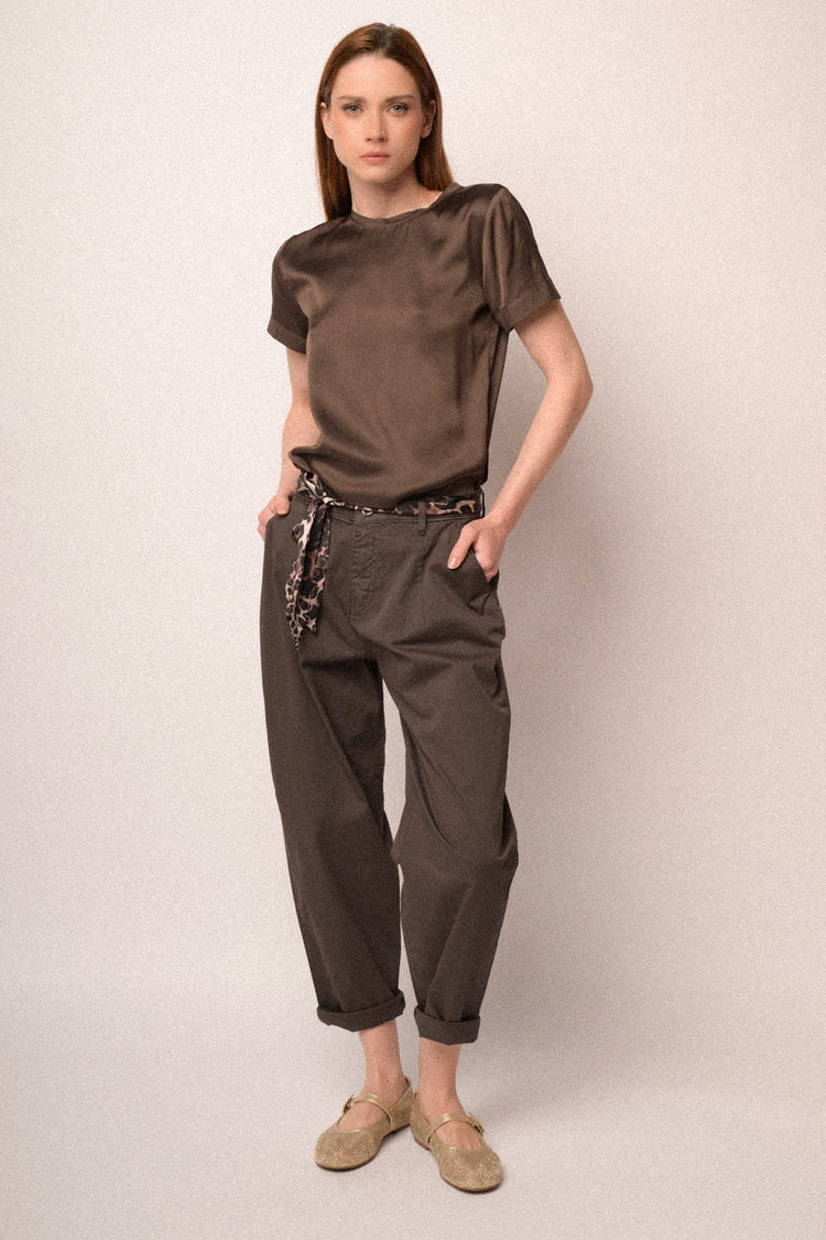 Scarf-belt dark brown cotton baggy trousers