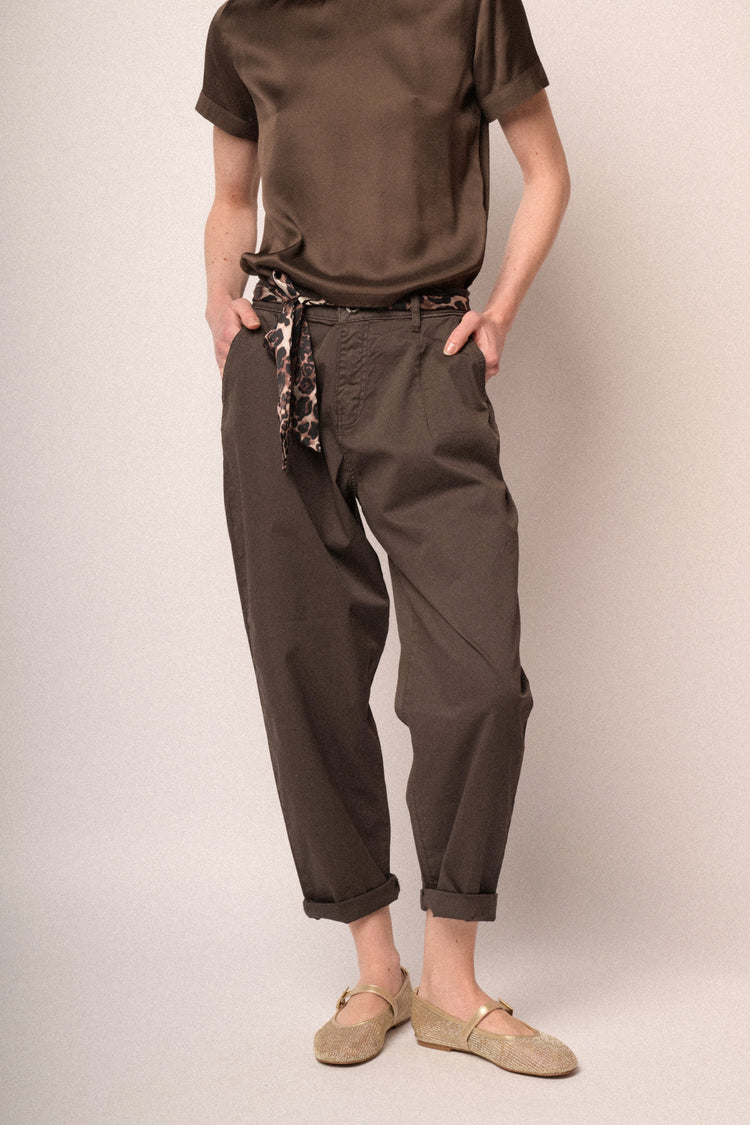 Scarf-belt dark brown cotton baggy trousers