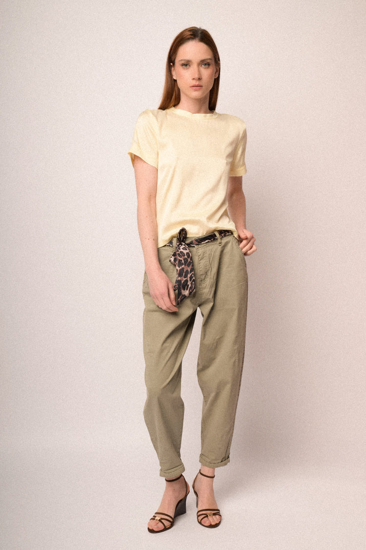 Scarf-belt olive green cotton baggy trousers