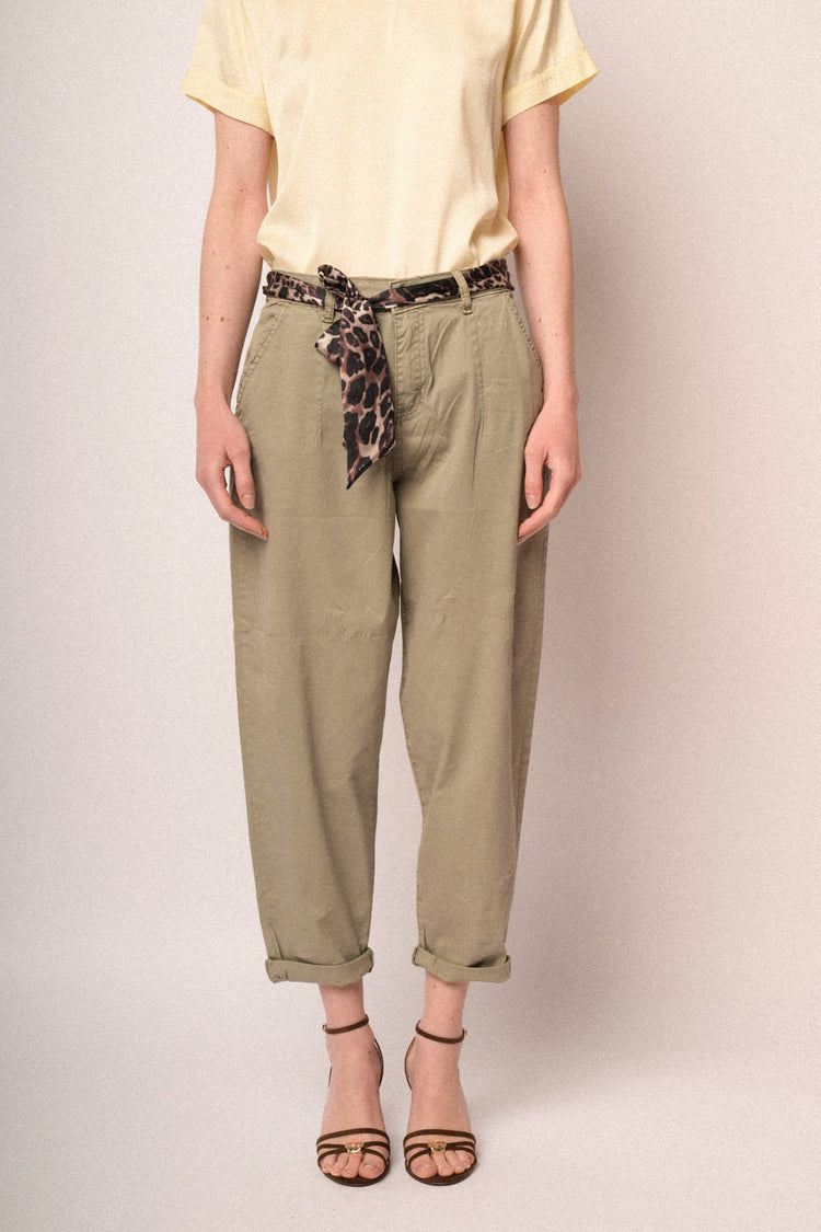 Scarf-belt olive green cotton baggy trousers