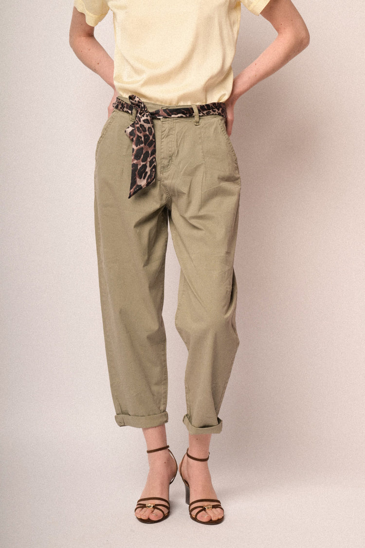 Scarf-belt olive green cotton baggy trousers