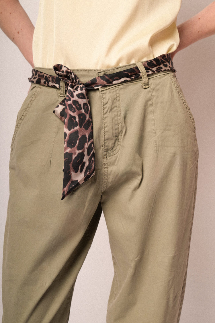 Scarf-belt olive green cotton baggy trousers