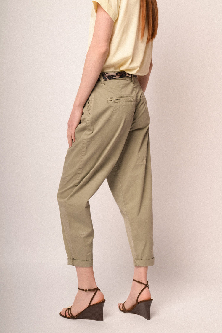 Scarf-belt olive green cotton baggy trousers