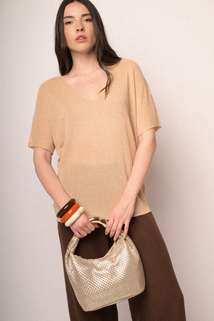 Beige lurex knit half-sleeved sweater