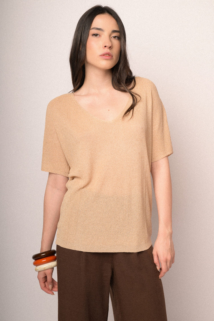 Beige lurex knit half-sleeved sweater