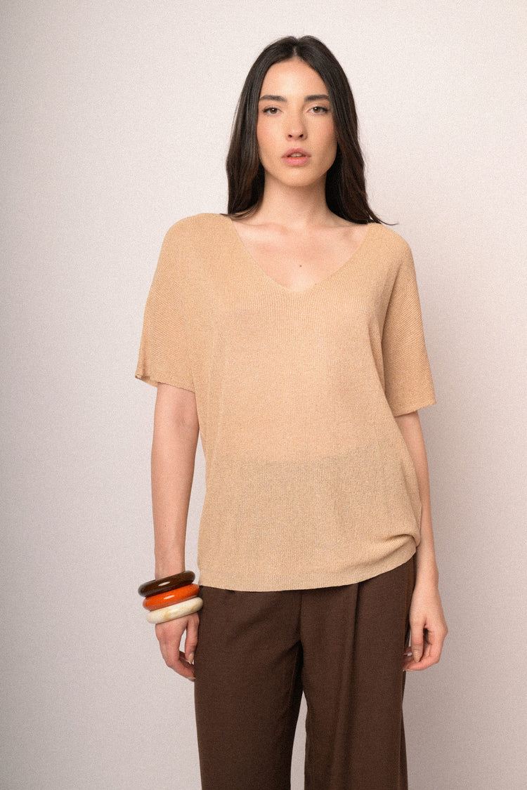 Beige lurex knit half-sleeved sweater