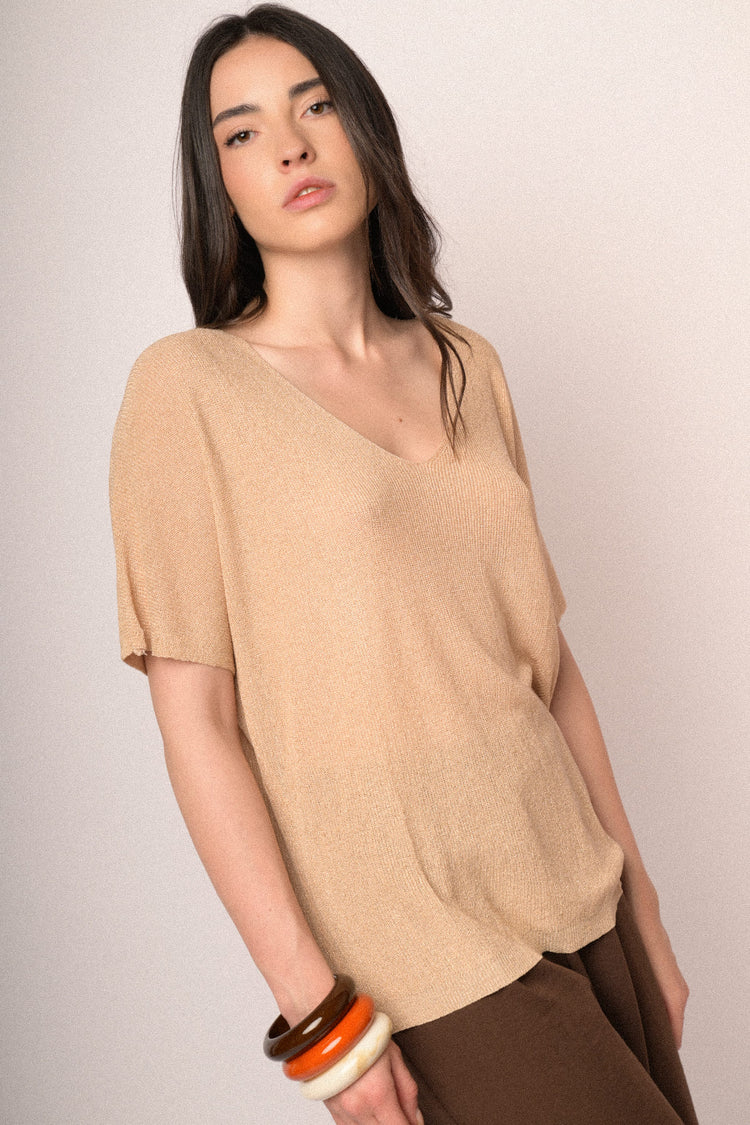 Beige lurex knit half-sleeved sweater