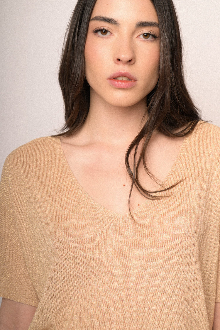 Beige lurex knit half-sleeved sweater