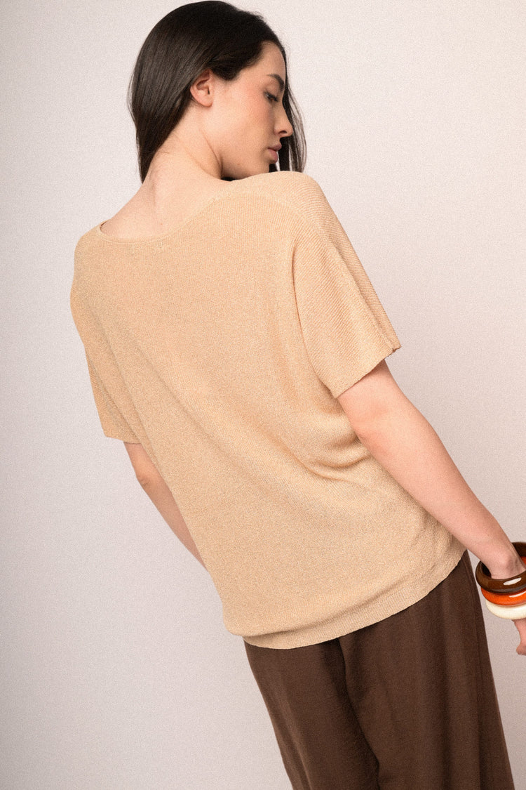Beige lurex knit half-sleeved sweater