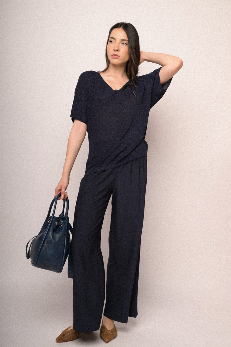 Blue lurex knit half-sleeved sweater