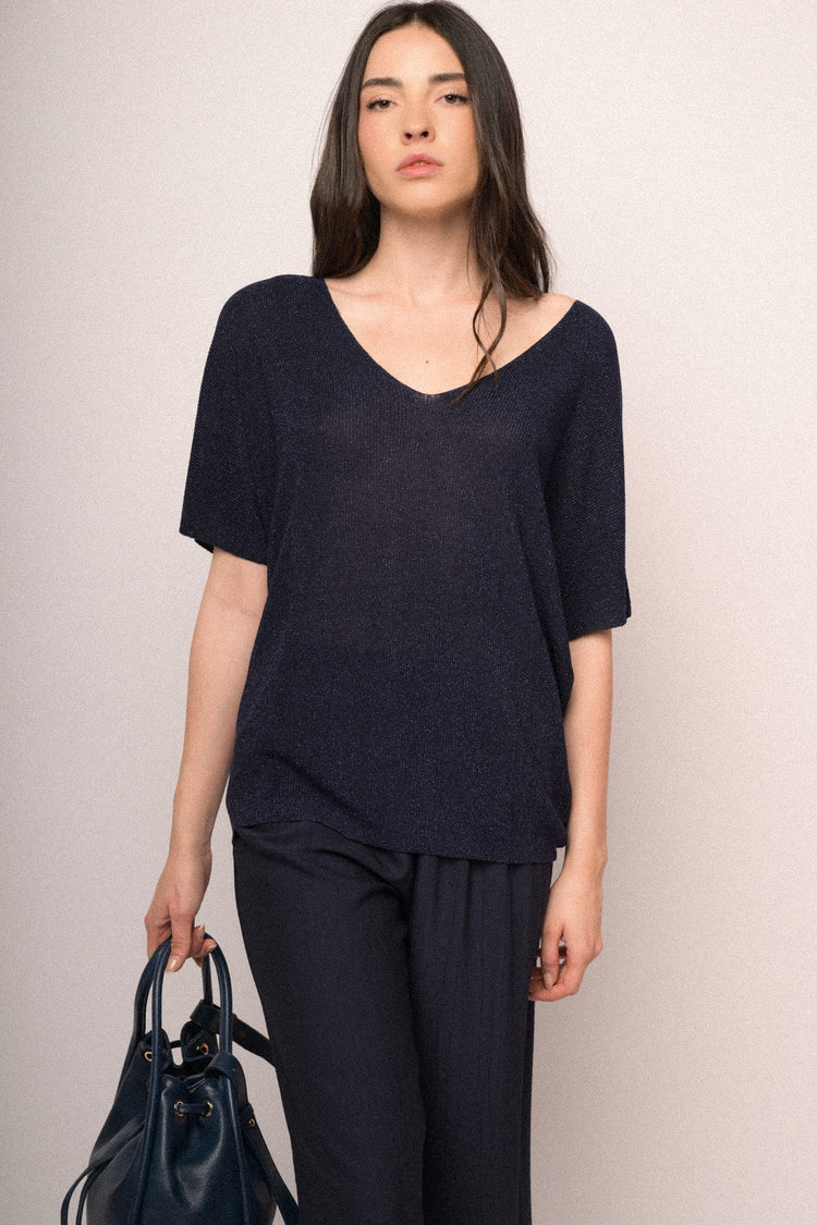 Blue lurex knit half-sleeved sweater