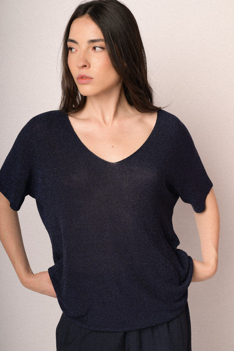 Blue lurex knit half-sleeved sweater