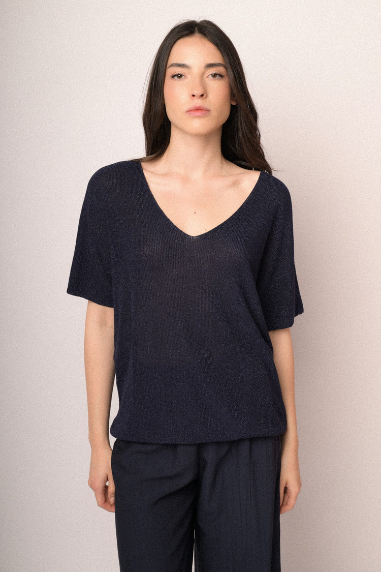 Blue lurex knit half-sleeved sweater