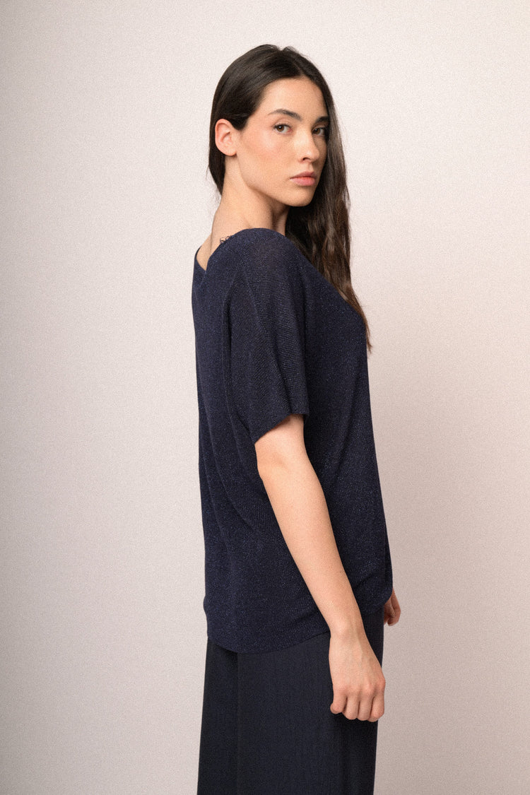 Blue lurex knit half-sleeved sweater