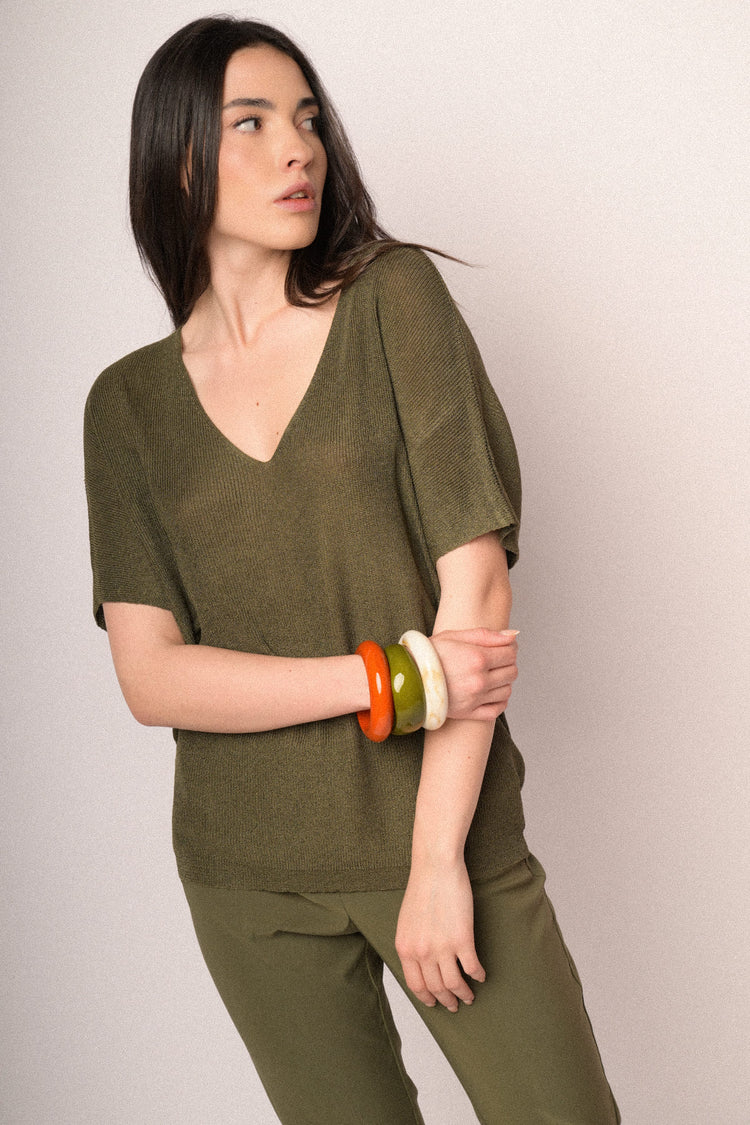 Olive green lurex knit half-sleeved sweater