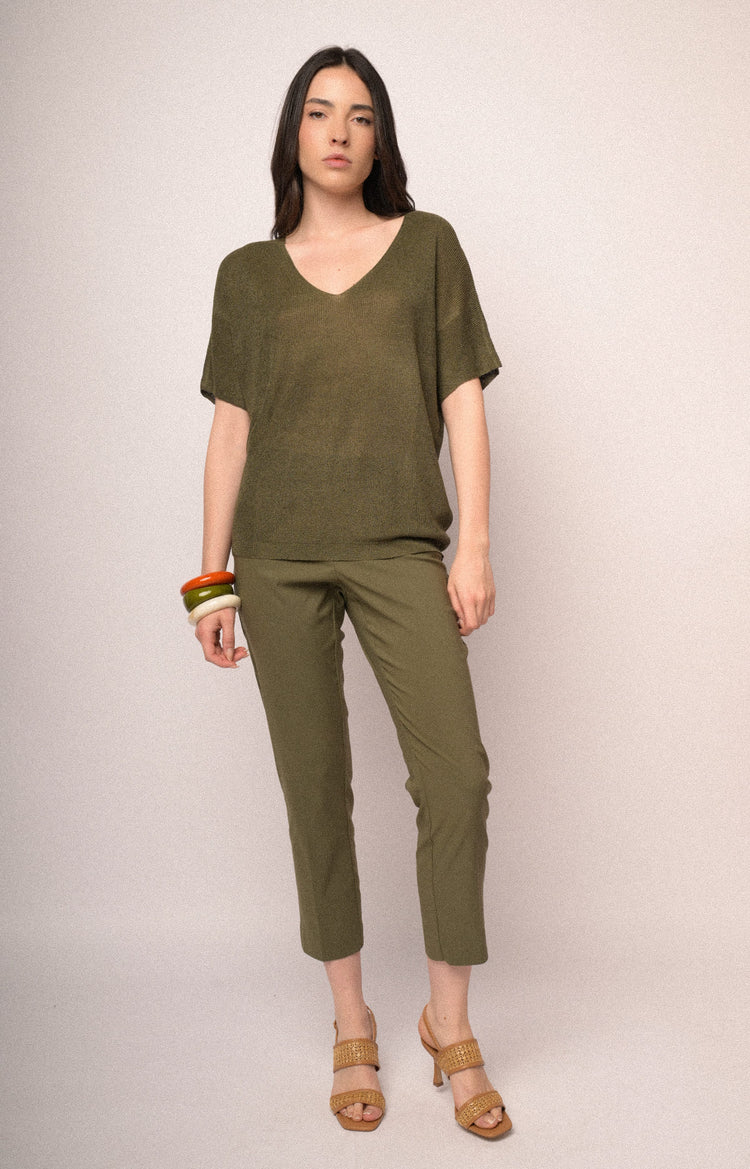 Olive green lurex knit half-sleeved sweater