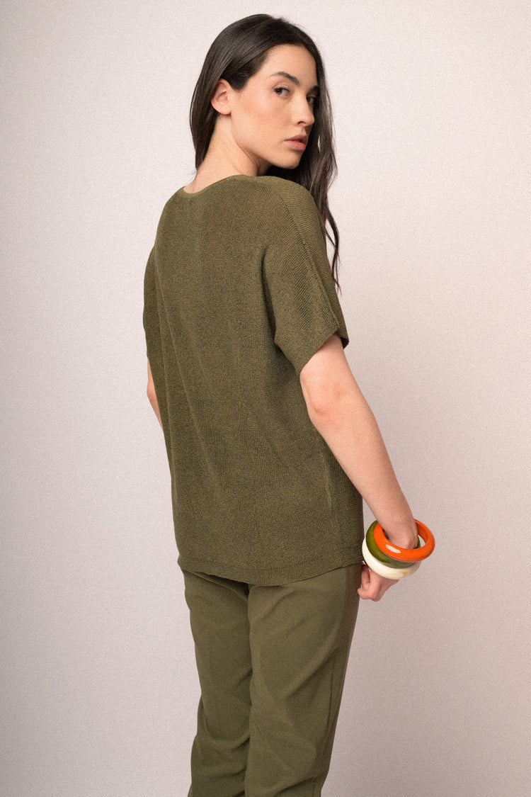 Olive green lurex knit half-sleeved sweater