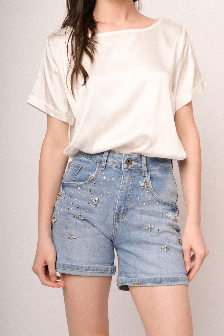 Rhinestone-embellished light blue denim shorts