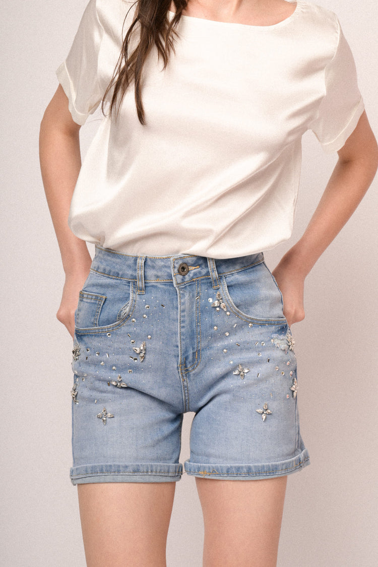 Rhinestone-embellished light blue denim shorts