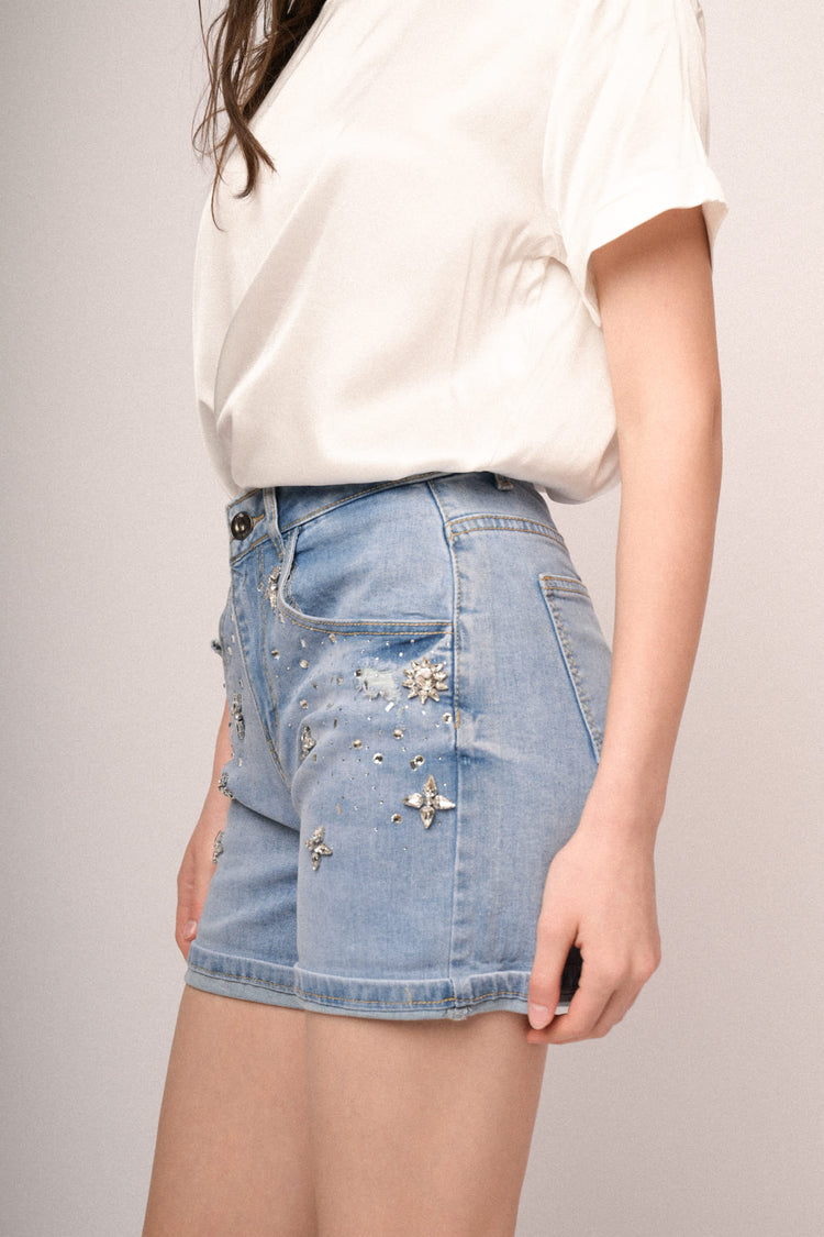 Rhinestone-embellished light blue denim shorts
