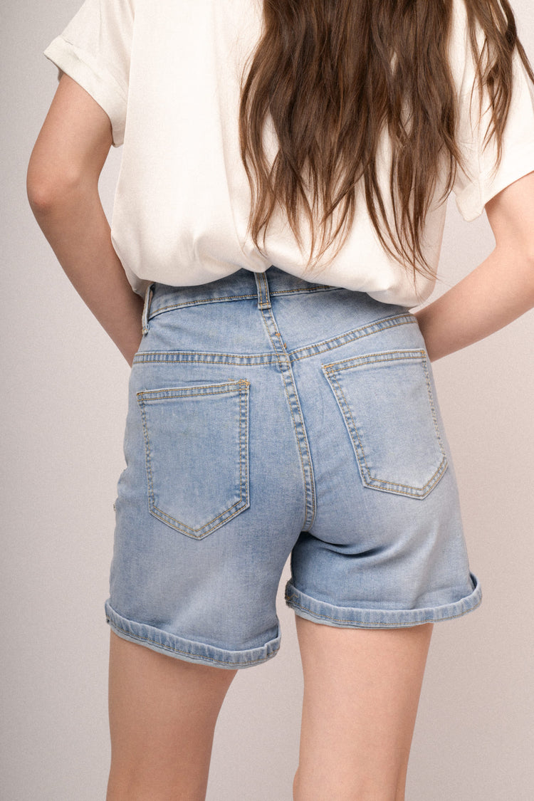 Rhinestone-embellished light blue denim shorts