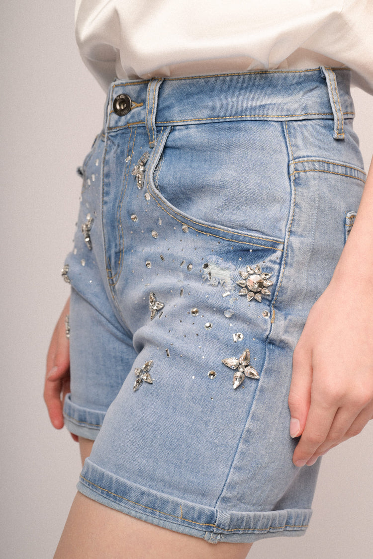 Rhinestone-embellished light blue denim shorts