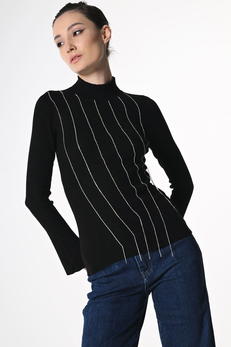 Rhinestone dangling threads mock sweater