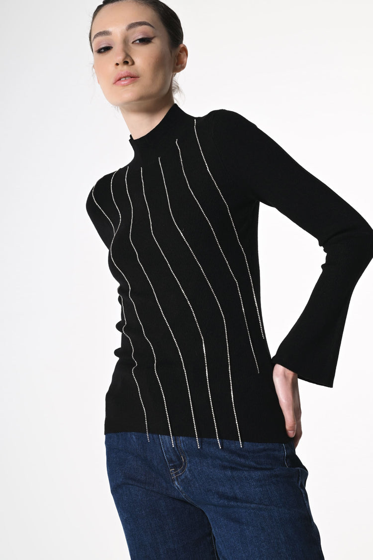 Rhinestone dangling threads mock sweater