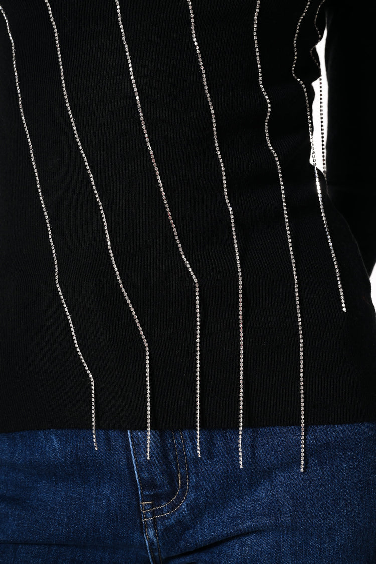 Rhinestone dangling threads mock sweater