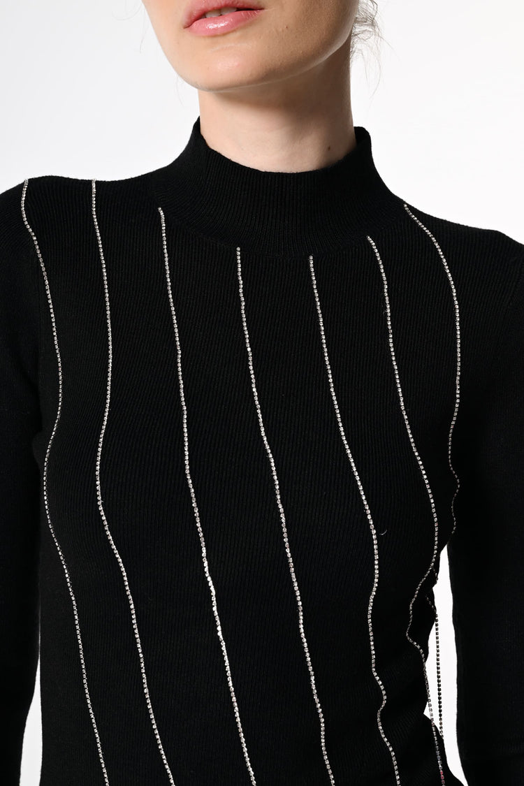 Rhinestone dangling threads mock sweater