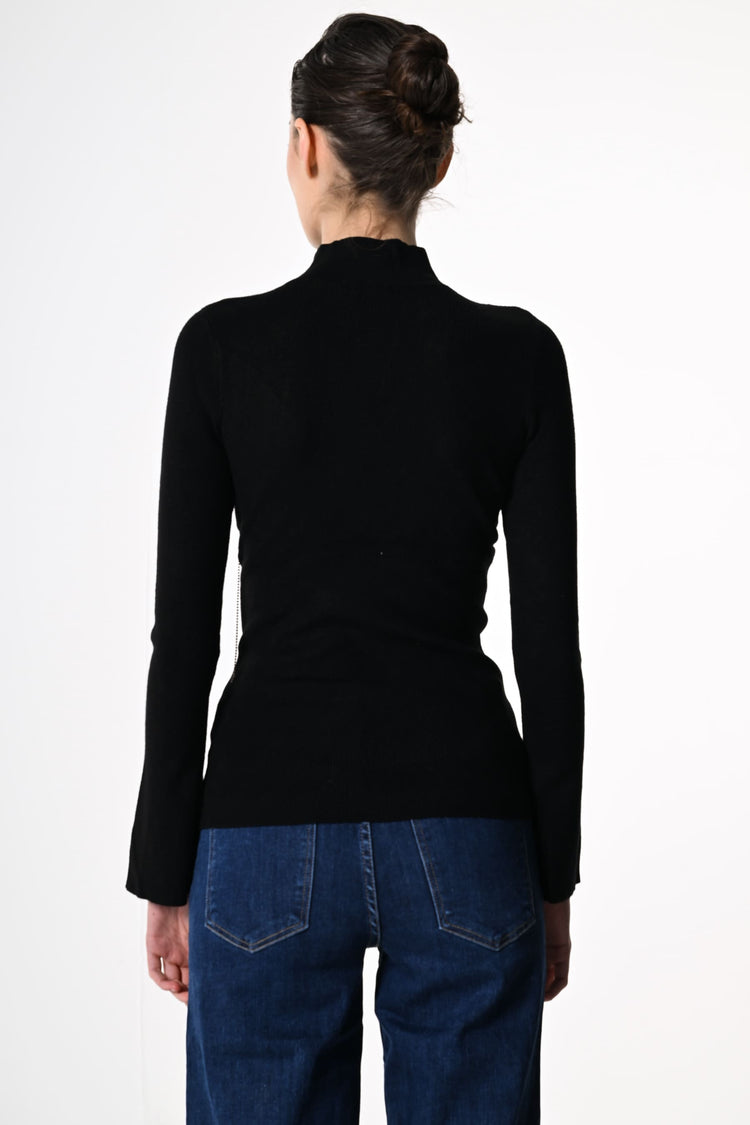 Rhinestone dangling threads mock sweater