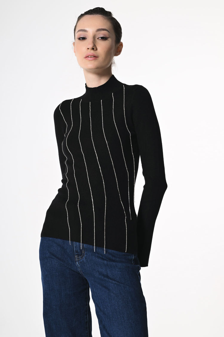 Rhinestone dangling threads mock sweater