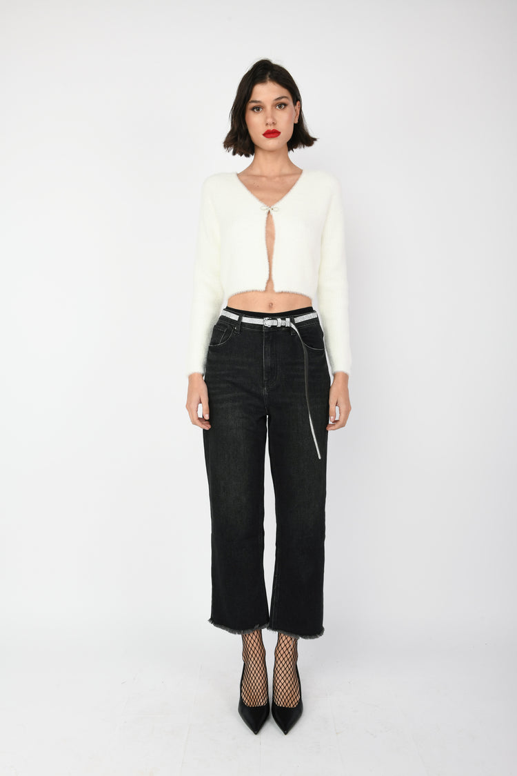 Bow-button cropped cardigan